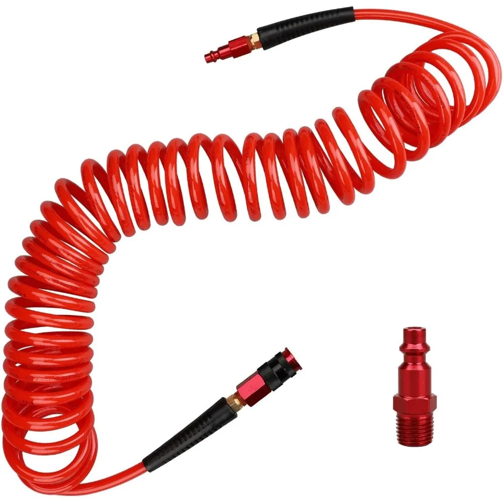 1/4' X 25FT Polyurethane Recoil Air Hose, Red, with Bend Restrictors & 1/4' Quick Coupler and Plug