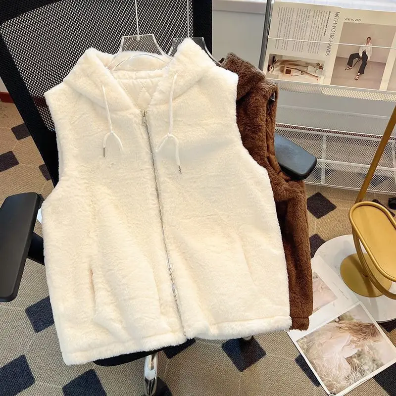 Autumn and Winter Women Zipper Waistcoat Solid Furry Casual Thick Hooded Sleeveless Elegant Daily Bottom Drawstring Vest Jacket