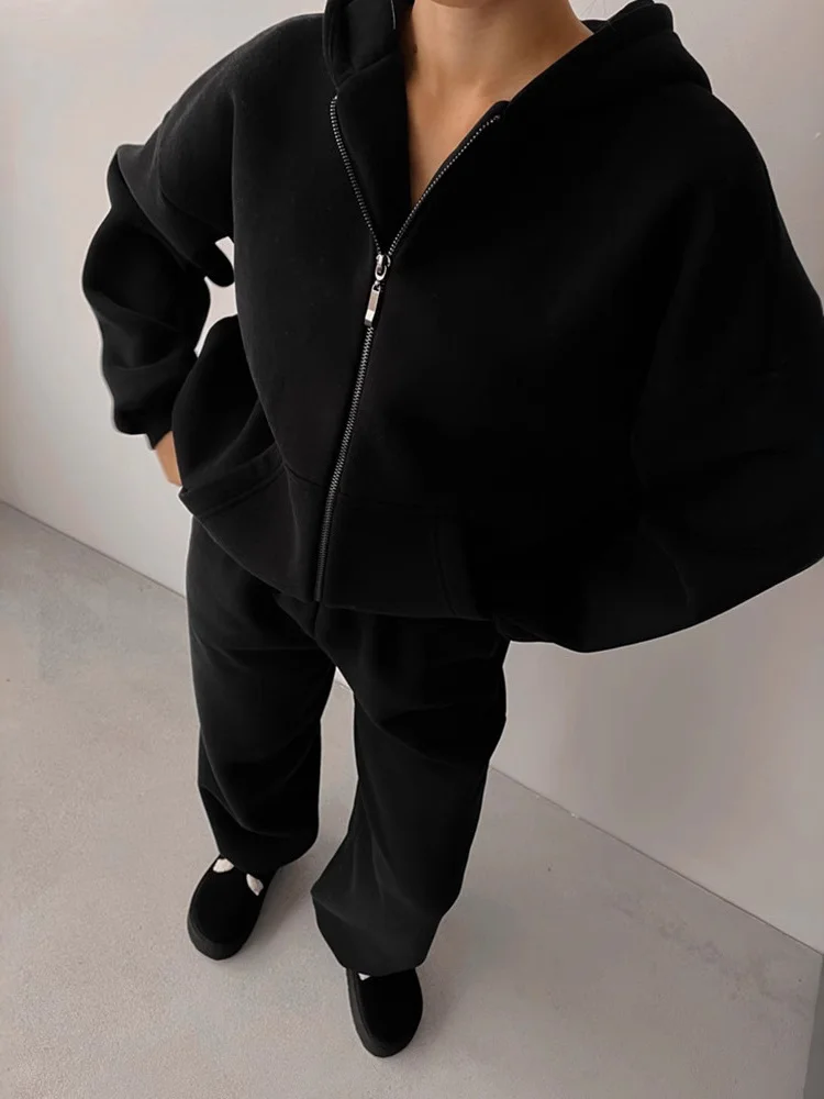 

Casual Ladies Two-Piece Set Pure Color Long Sve Hoodie with kets Elastic Pants Loose Fit Comfortable Breathable Sportswear