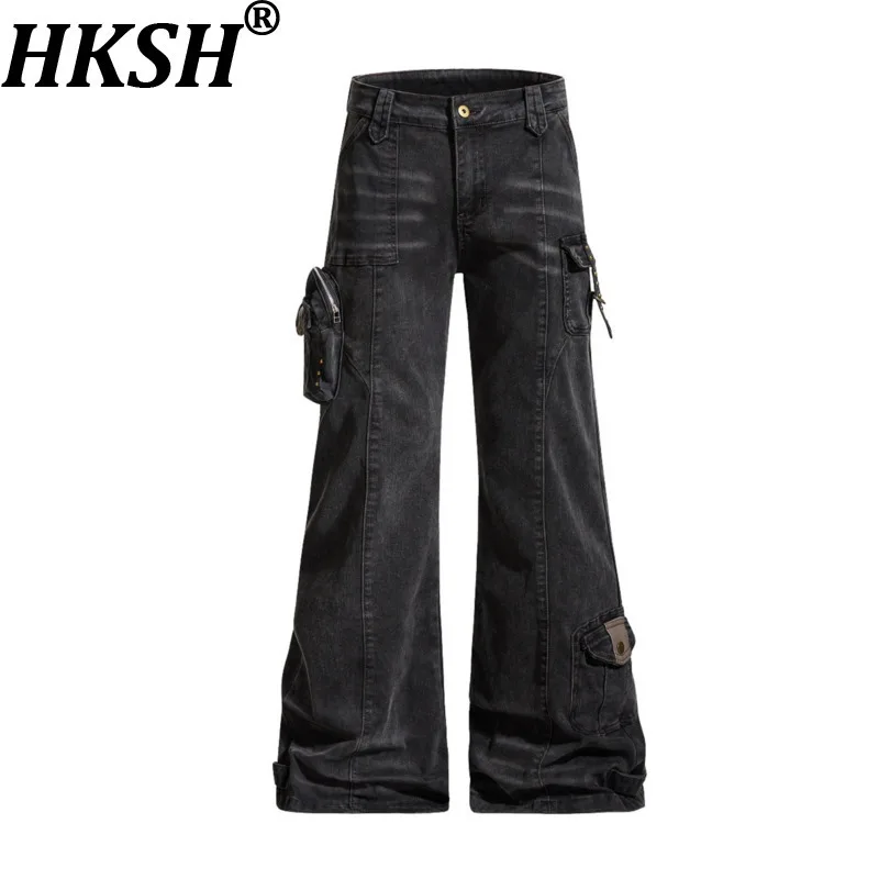 

HKSH 2025 Spring Autumn New Men Tide Punk American High Street Heavy Patchwork Pocket Flared Jeans Women Ins Denim Pants HK16887