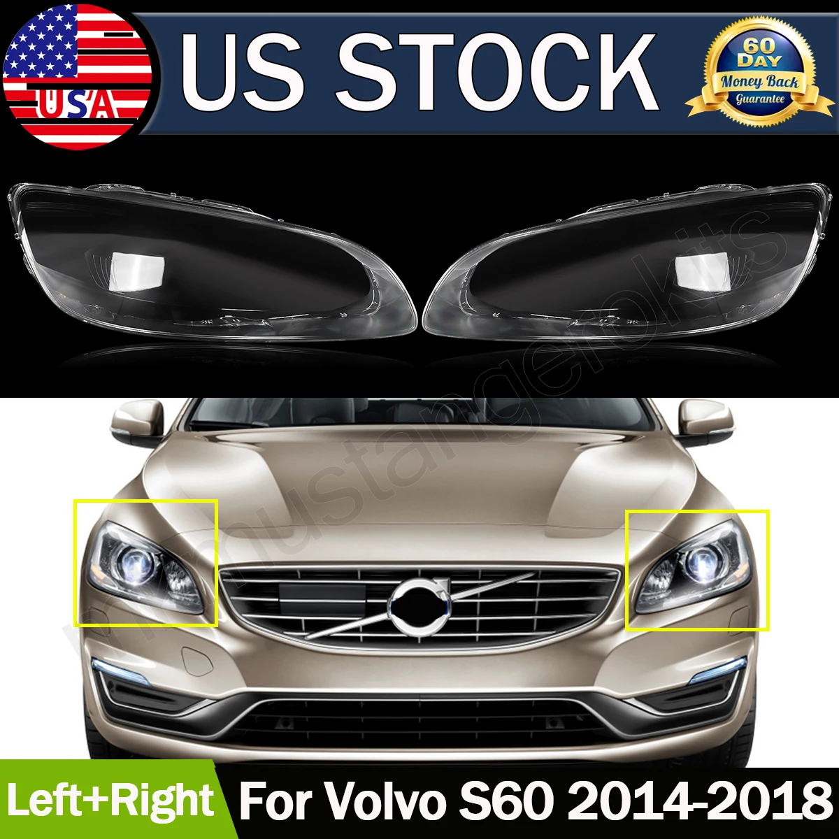 SAIQINGSP Headlight Lens Cover One Pair Headlight Lens Left + Right For 2014-2018 Volvo S60 Model Car Accessories Tools