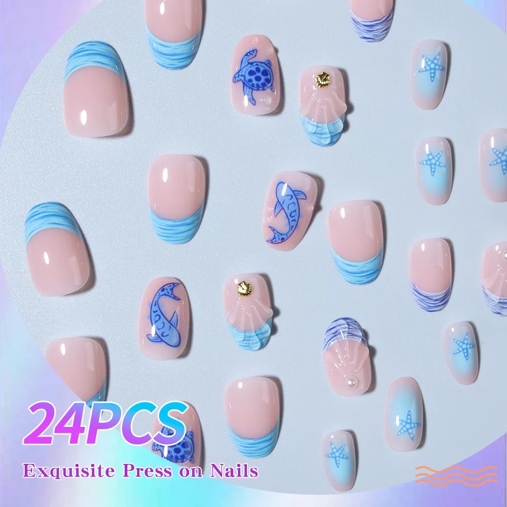 24pcs Short Oval 3D Gel Nail Stickers, Create Ocean Theme Nails, Designs Include Sea Turtle, Whale, Shell & Pearl Decor, French