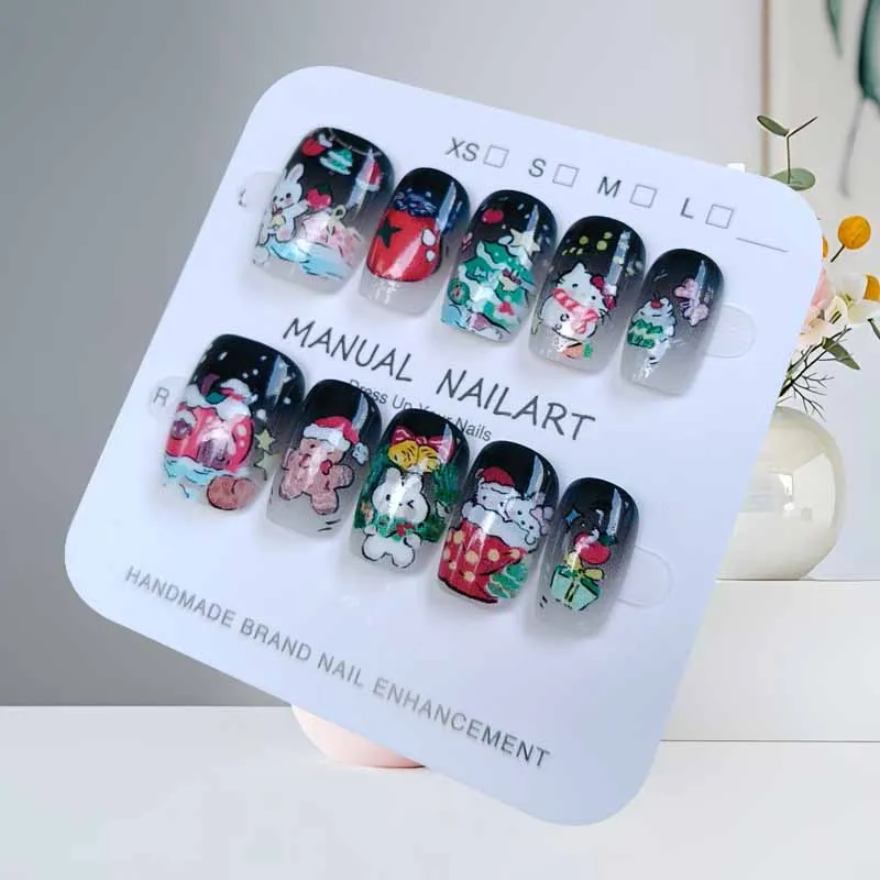 10 Stuks Leuke Cartoon Hello Kitty Nieuwjaar Kerst Druk op Nagels Apple en Kerstboom Vlokken Nail Patch Afneembare nagel Tips