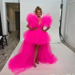 Fashion Fuchsia High Low Long Tulle Gowns V-neck Puff Sleeves Hot Pink Women Maxi Dresses To Birthday Event Party