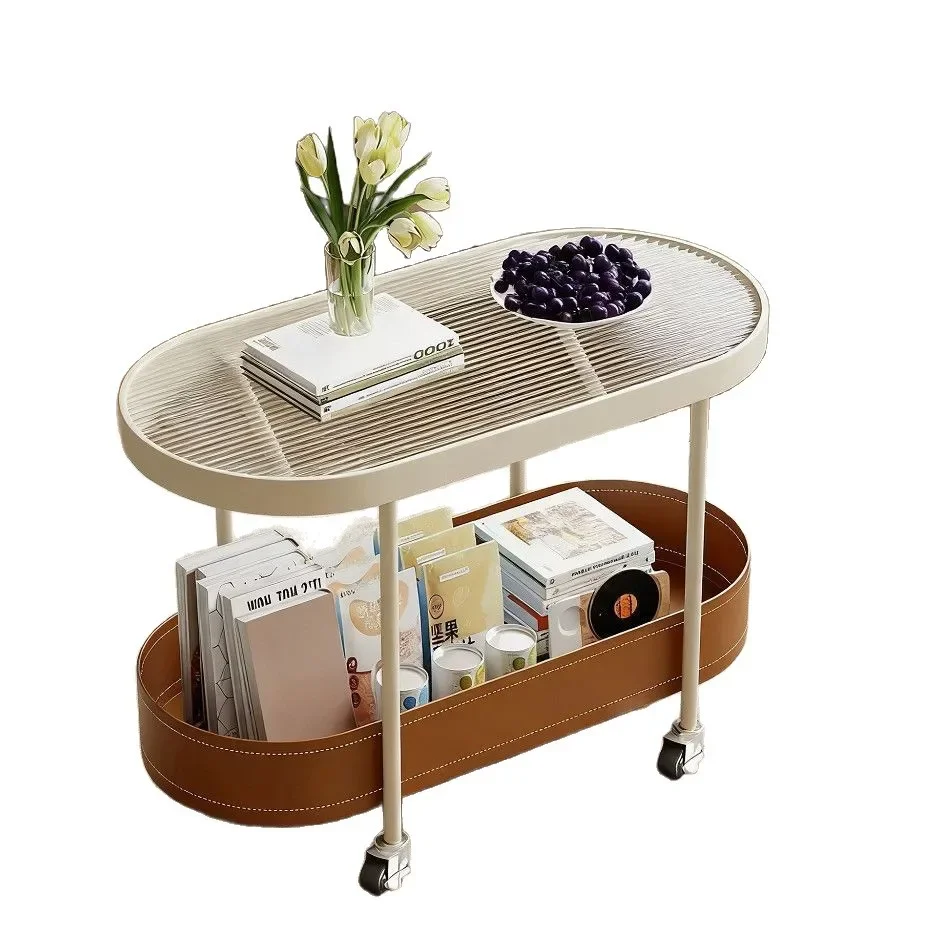 Cream-style saddle leather living room side table, small home oval with internet-famous wheels, mobile small cart coffee table