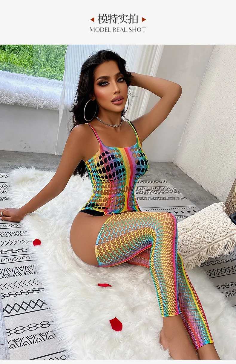 Bas de corps en résille arc-en-ciel, Lingerie érotique, entrejambe ouvert, sous-vêtements à bretelles pour femmes, nuisette en maille, attrayant serré