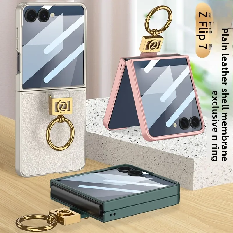 Luksusowe, ultracienkie, gładkie etui na telefon Samsung Galaxy Z Flip 7 Flip7 ze skóry PU z folią ochronną ze szkła hartowanego