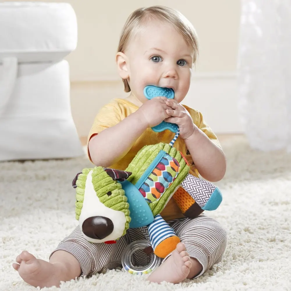 Brinquedo de atividade e dentição para bebês com chocalho e texturas multi-sensoria, brinquedo de boneca calmante para animais, chocalho de