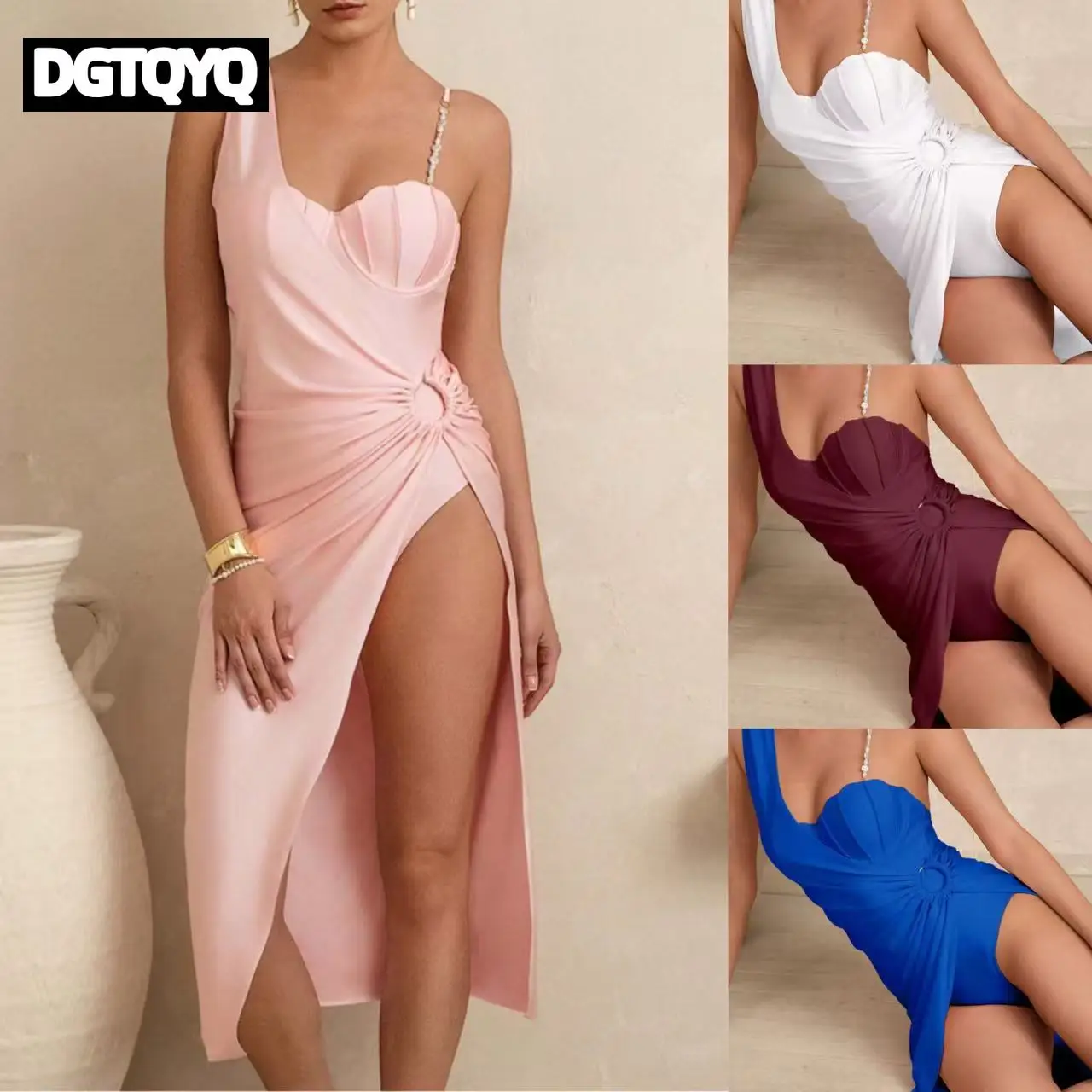 2Pcs/Set New Women's One-Shoulder Swimsuit with Cover Up Dress - Push Up Ruched Bathing Suit with High Slit Sarong Beachwear