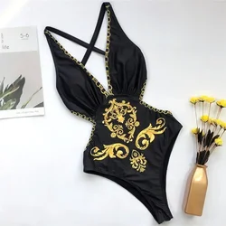 Sexy Black Print Backless Swimwear One Piece Swimsuit Woman 2026 Cut Out Monokini High Leg Cut Bathing Swimming Suit Bathers