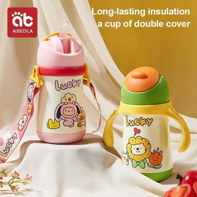 

AIBEDILA Kids Water Fles Sippy Cup Creatieve Met Kinderen Cartoon Animal 260ML Stainless Steel Cup for Children Drink Water Cups