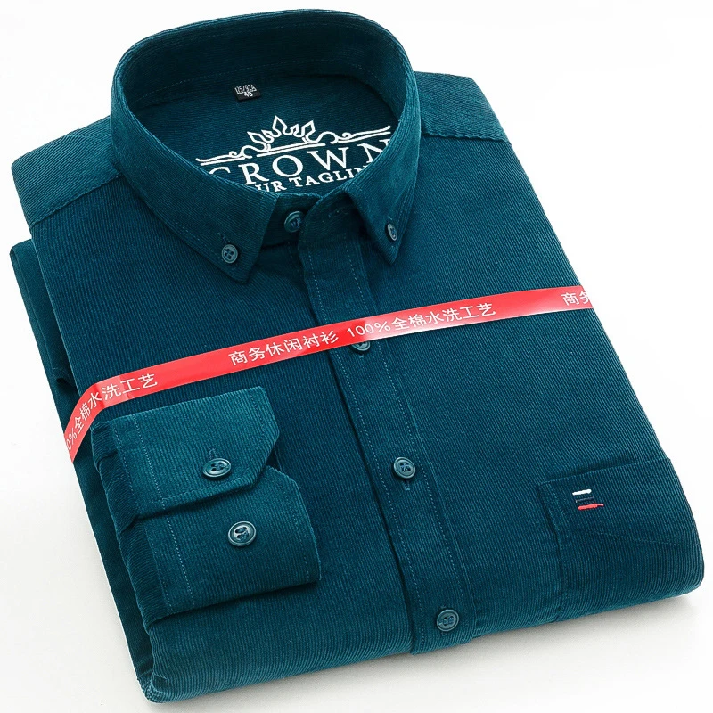 Cotton Corduroy Warm Shirts For Men New Autumn Winter Fashion Solid Color S-7XL Businessman Long Sleeve Smart Dress Casual Shirt