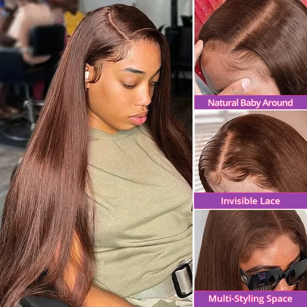 13x4 HD Lace Front Chocolate Brown Straight 13x6 Lace Frontal Wigs Human Hair  Colored Deep Wave Human Hair Wigs For Women 220 Density Preplucked view 4