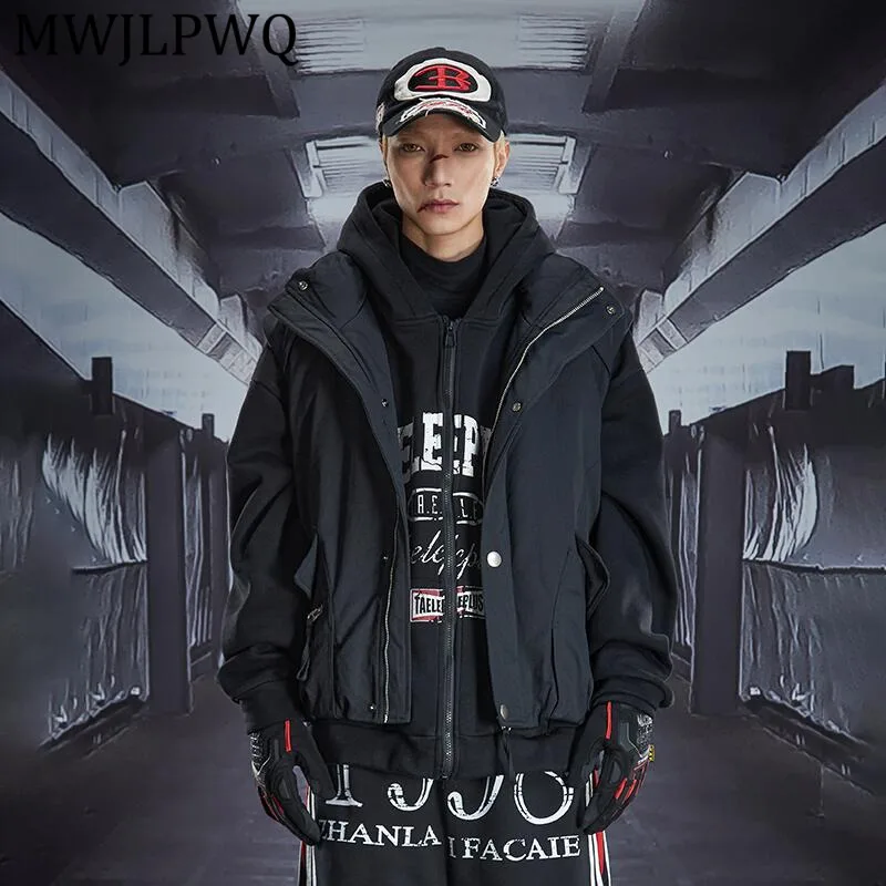 

MWJLPWQ Stand Collar White Short Cottton Vest Men's Zipper Poacket Design High Street Jacket Winter Warm Casual Tops 13012