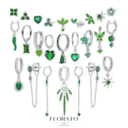 Florato 925 prata esterlina orelha agulha turquesa prata série hoop brincos para mulheres vintage verde zircão studs jóias