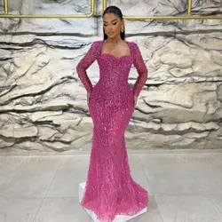 Aso Ebi Formal Long Sleeves Mermaid Prom Dresses 2025 Beaded Arabic Evening Dress Sequined Party Gowns Birthday Engagement Dress