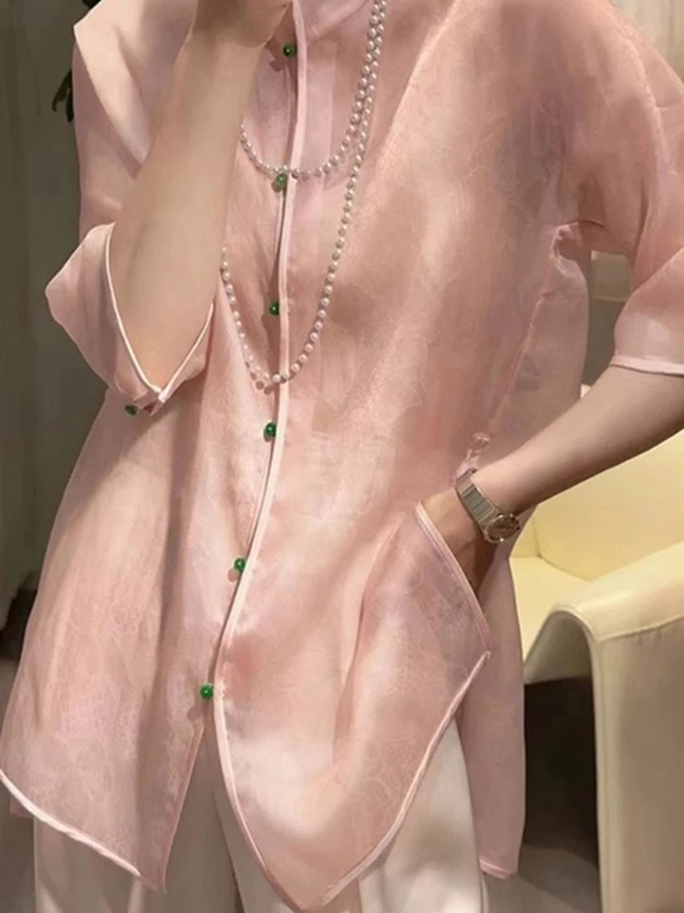 

Женская модная универсальная блузка свободного кроя с воротником-стойкой, коротким рукавом, в корейском стиле, для повседневной носки, прямого силуэта, из шелковистой ткани.