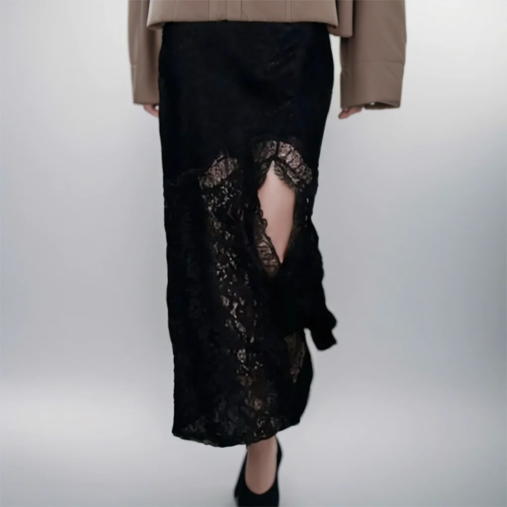 2026 Summer Fashion Womens European Vintage Silk Satin Lace Skirts Lady Elegant Zipper Slit Brown Black Evening Party Long Skirt