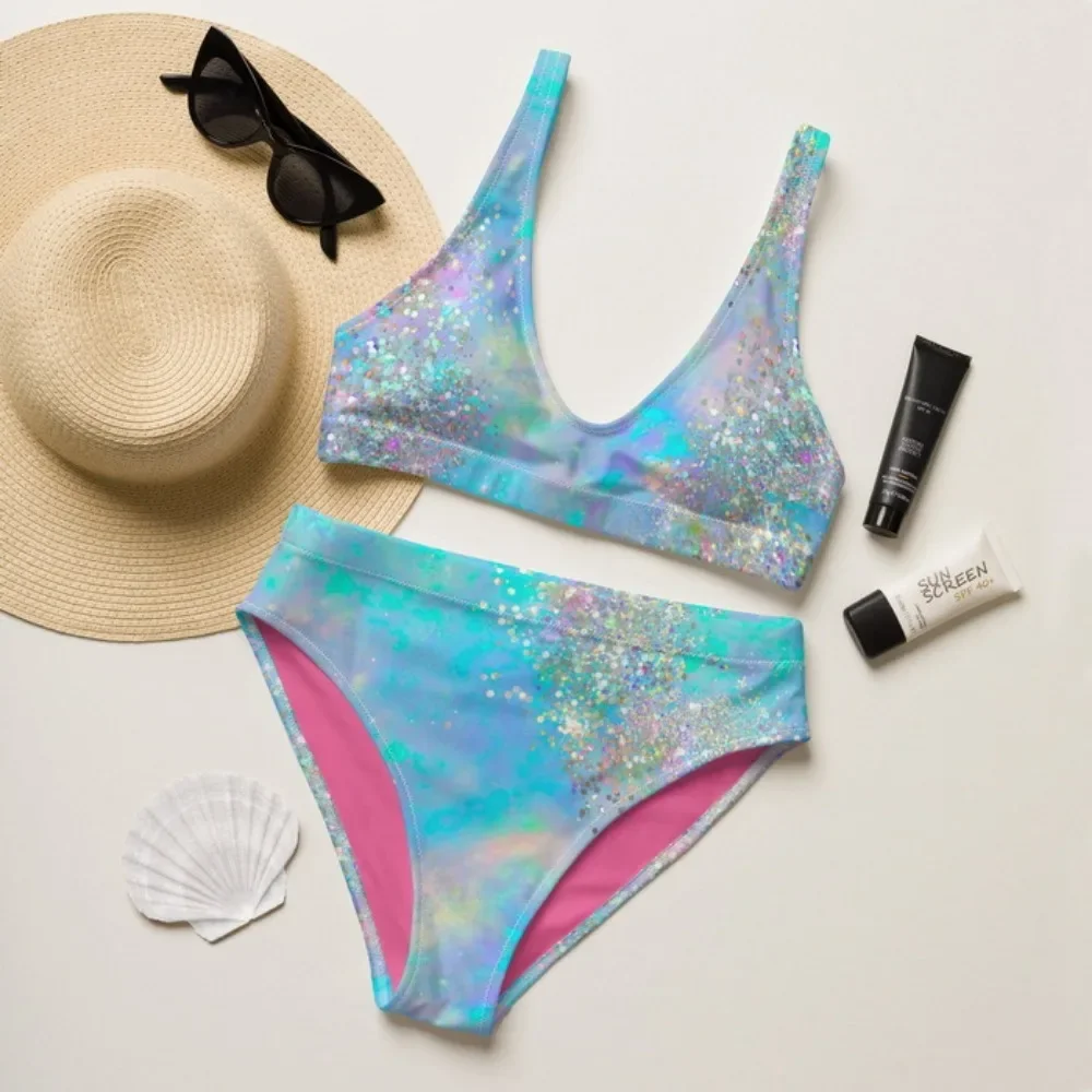 Women Sexy Bikini Swimsuit Sequins Horseshoe Printed Gym Training Swimwear Florals Bathing Suit Sportswear Two-Piece Suits