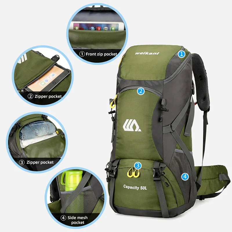 Mochila de viaje de 50l para hombre, bolsa grande de senderismo, mochila de Turismo, impermeable, deportes al aire libre, escalada, montañismo, equipaje