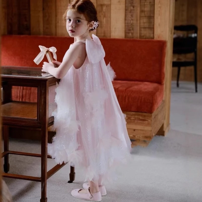 

French Children Princess Dress Korean Butterfly Knot Sleeveless Fluffy Gauze Dress Birthday Banquet Wedding Flower Girl Dress