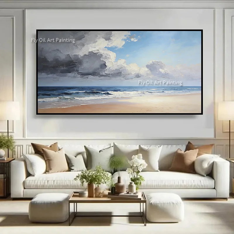 Large Light Blue Ocean Beige Beach Canvas Thick Wall Art Decor For Living Room Modern Handpainted Seaside View Oil Painting