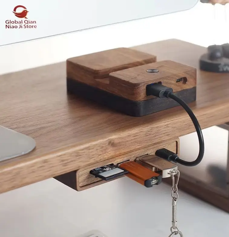 Black Walnut Solid Wood Under-Desk USB 3.0 Port Splitter Expansion Dock Hub Computer Monitor Riser for Dedicated Desk Accessorie
