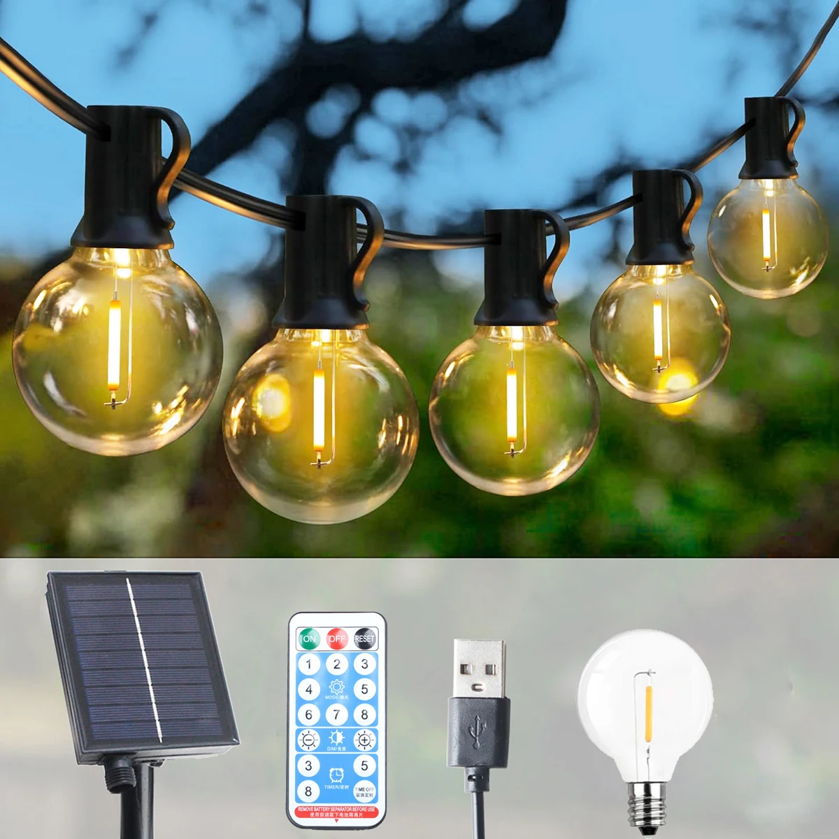 Solar-G40-LED-Lichterkette für den Außenbereich, Festoon-Lichterkette, Terrassen-Girlande, Lampe für Veranda, Hochzeit, Straße, Camping, Garten, Party-Dekoration