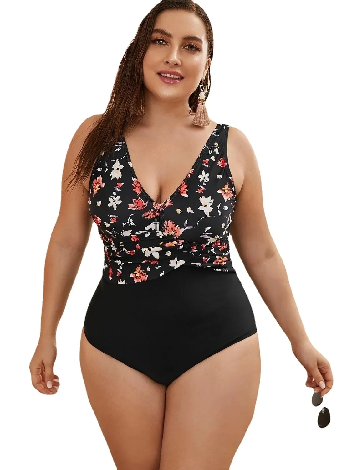 Plus Size Summer Beachwear Floral Women's Suspender Gathered Sexy Swimsuit Vintage Slim Fit Backless Padded Bra Swimwear