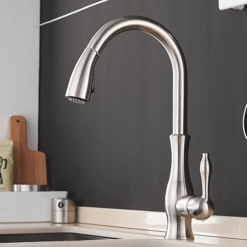 Kitchen Faucet Silver Single handle Pull-out single-hole handle Rotate 360 Water mixer faucet Mixed water tap