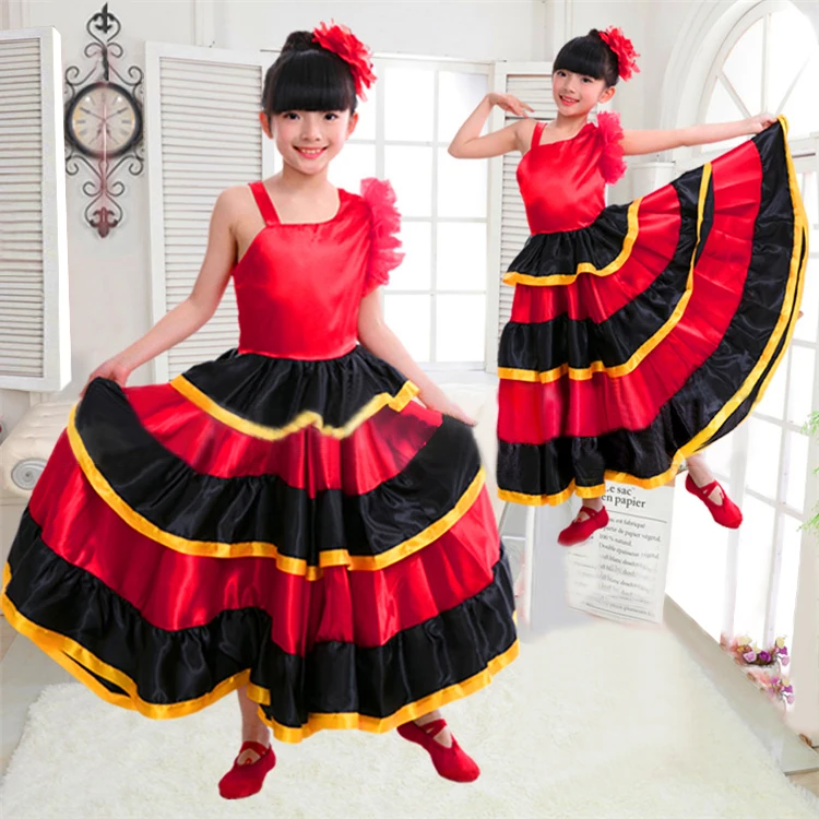 Girls Bull Dance Performance Skirt Set Wide Hem Stage Performance Clothing Large Flounce Skirt Opening Dance Dress