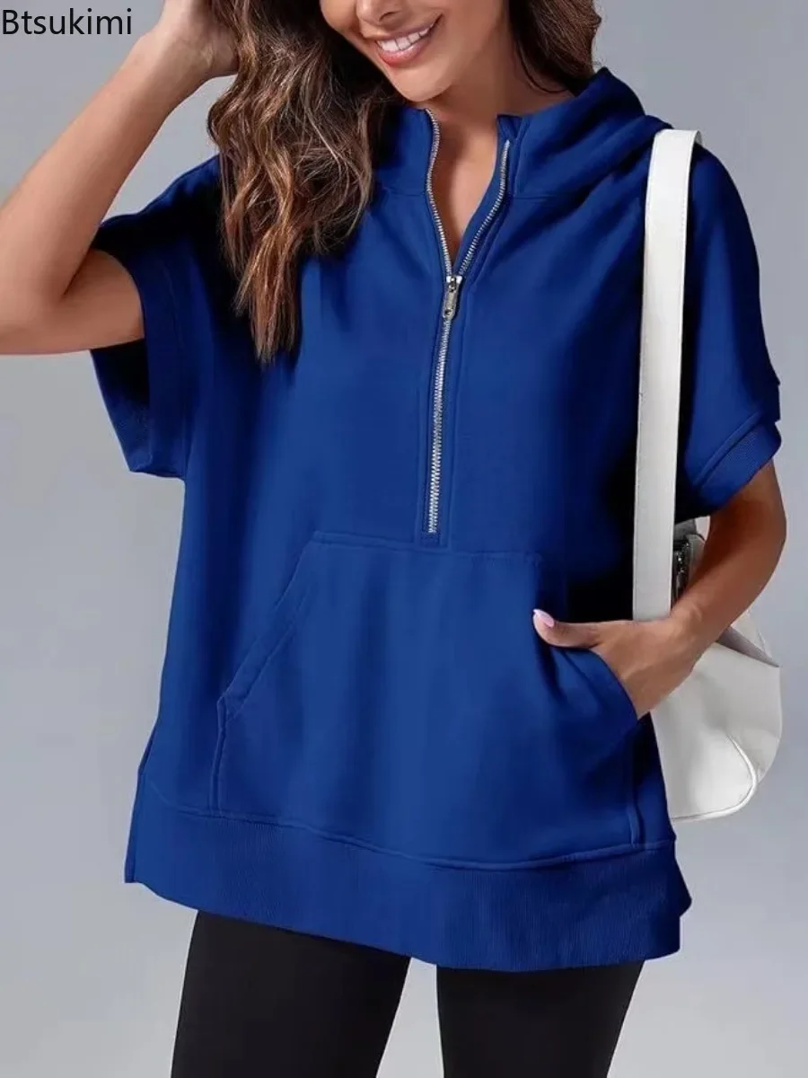 Fashion New Women's Short Sleeve Hoodies Solid Loose Casual Sweatshirts Half Zip Design Pocket Sport Tops Ladies Hooded Pullover