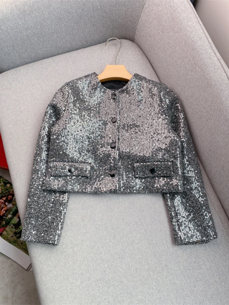 Elegante Mode Abendessen Mantel Frauen 2023 Herbst Winter neue hochwertige französische Pailletten Rundhals ausschnitt kurze Vintage Pendler jacke