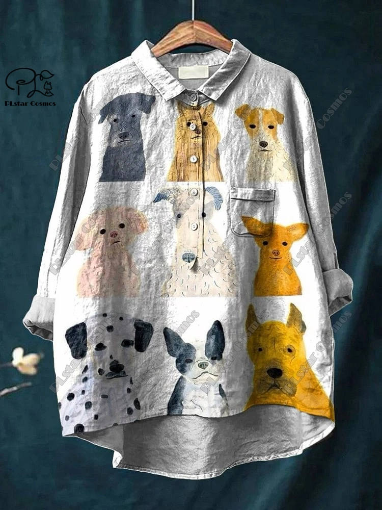 PLstar Cosmos new 3D printed women's loose retro cute puppy fun casual open tube shirt K-1