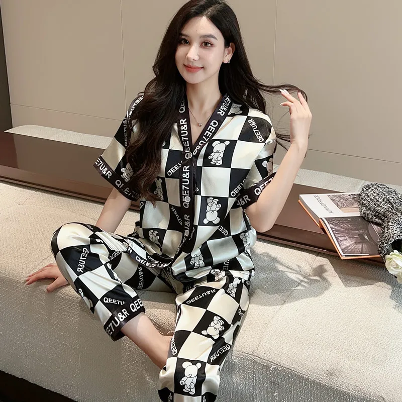 

Summer Bear Print Short Sleeve Long Pants Pajama Sets for Women Korean Sleepwear Pyjama Homewear Pijama Mujer Night Clothes