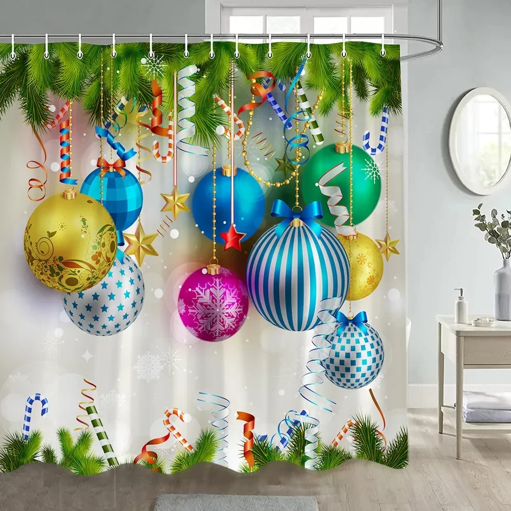 Christmas Shower Curtain Green Pine Branches Xmas Balls New Year Home Decor Polyester Fabric Bathroom Bath Curtains with Hooks