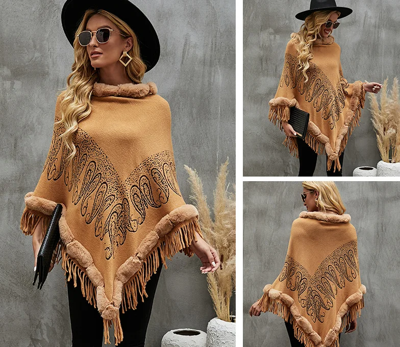 Fur Collar Winter Shawls And Wraps  New Cape  Print Tassel Coat  Women Winter Lady Ponchos  Capes  Navy
