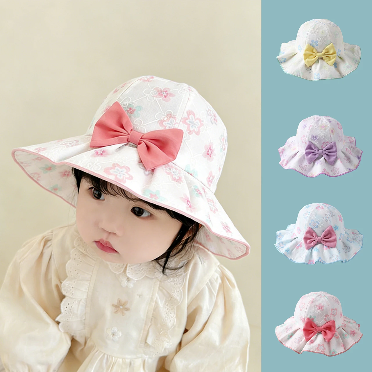 

Spring Summer Baby Sun Hat Sweet Girls Large Brim Fisherman Hats Print Flower Dome Bucket Cap Children Bow Basin Caps 6-10Month