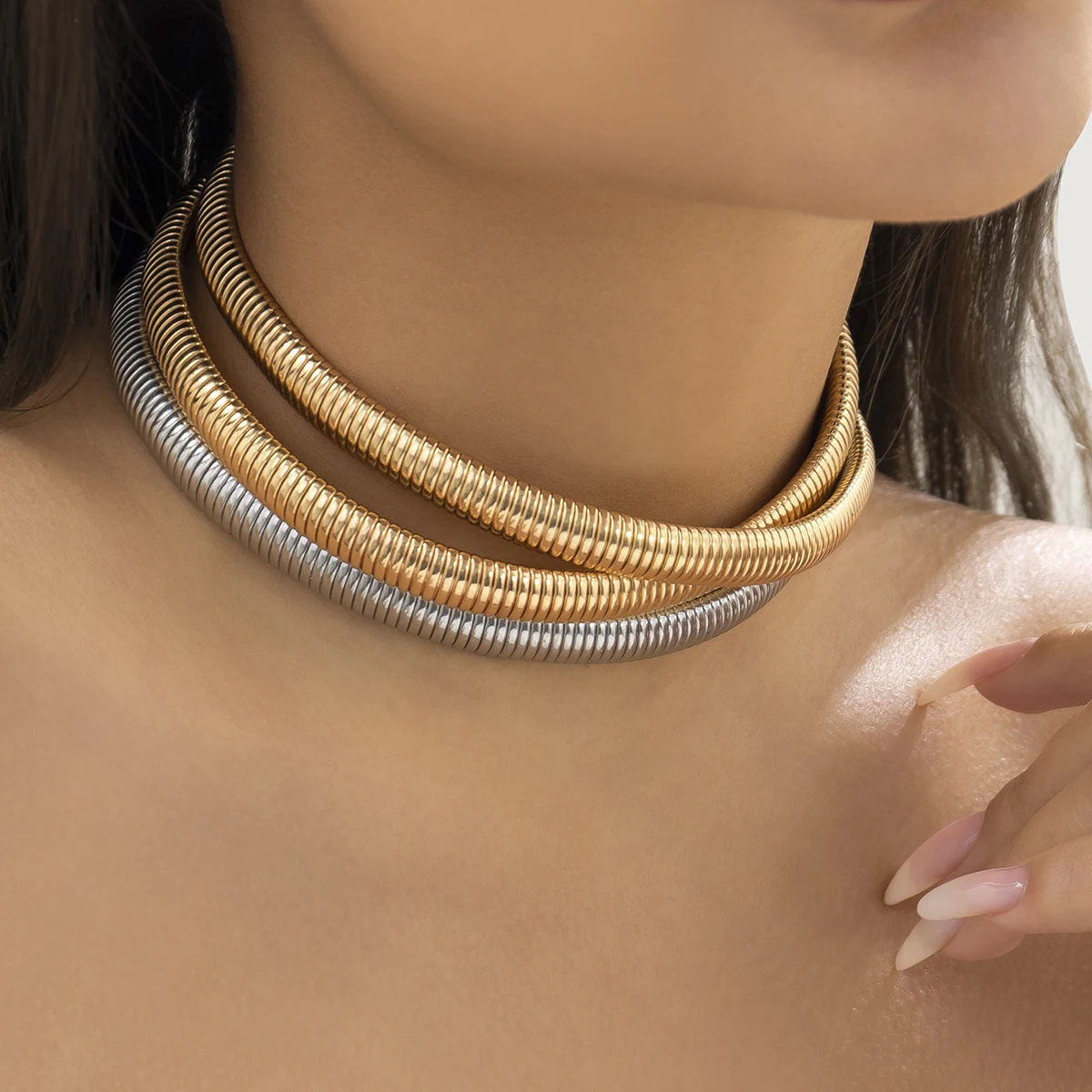 IngeSight.Z Exaggerated Vintage Multilayer Thick Twisted Metal Choker Necklace for Women Punk Chunky Short Gold Color Collar