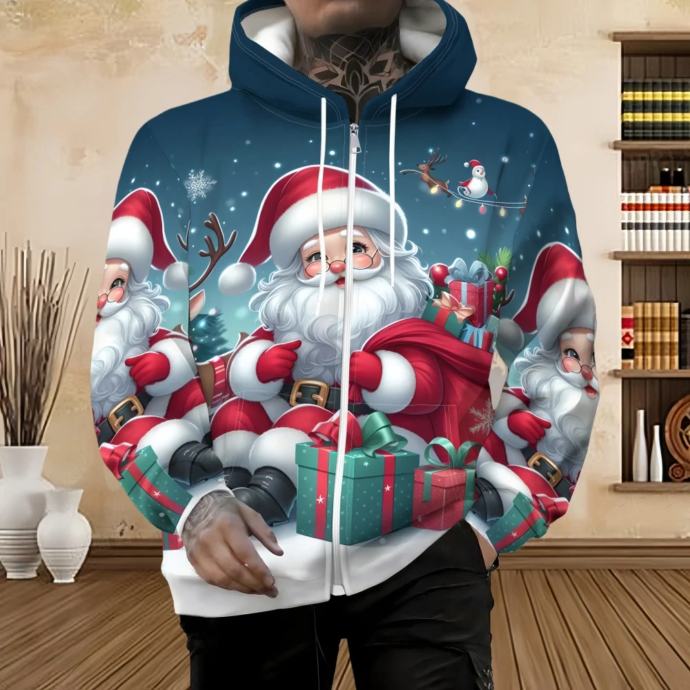 سانتا كلوز ثلاثية الأبعاد الجرافيك طباعة قلنسوة بسحاب الرجال النساء بلايز موضة عيد الميلاد قلنسوة بسحاب البلوز ثلج رياضية الرجال الملابس