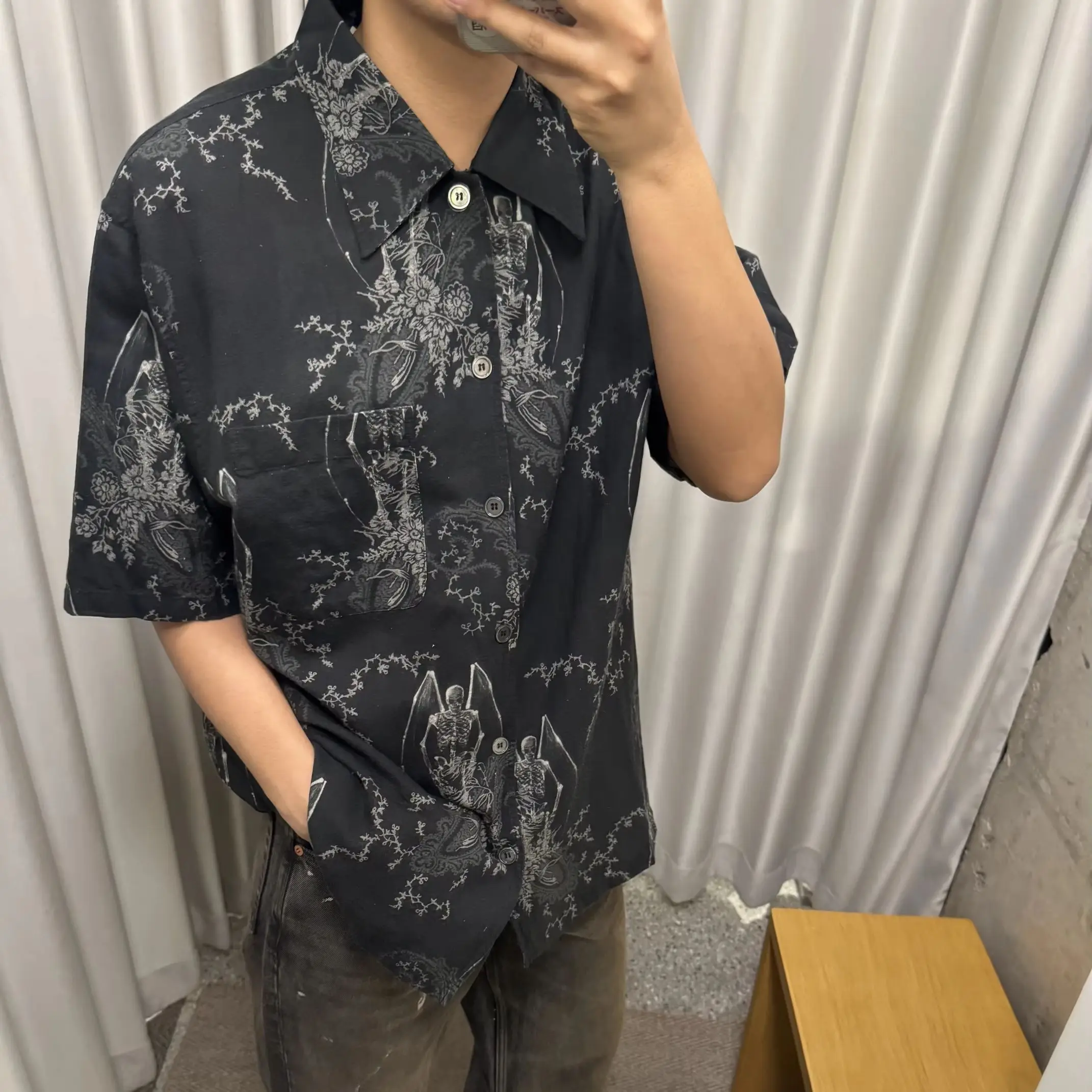 American Retro Skull Angel Print Short Sleeve Shirt Men Linen Cotton Blend Loose Fit Streetwear Daily Street Shooting Top