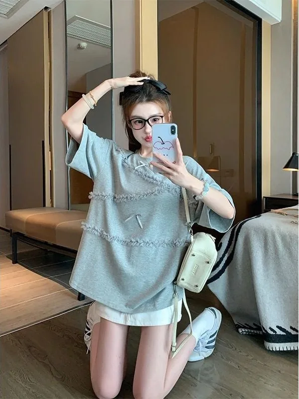 

plus Size 300 Pounds Grey Lace Trim Short Sleeve T-Shirt Women Summer Slimming Korean Style Knot Design Top