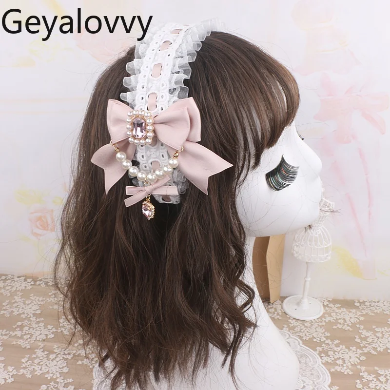 Handgemachte Original japanische Haarschleife Schwerindustrie Perlenschleife Haarnadel Strass Spitze Licht Lolita Stirnband japanische Kopfbedeckung