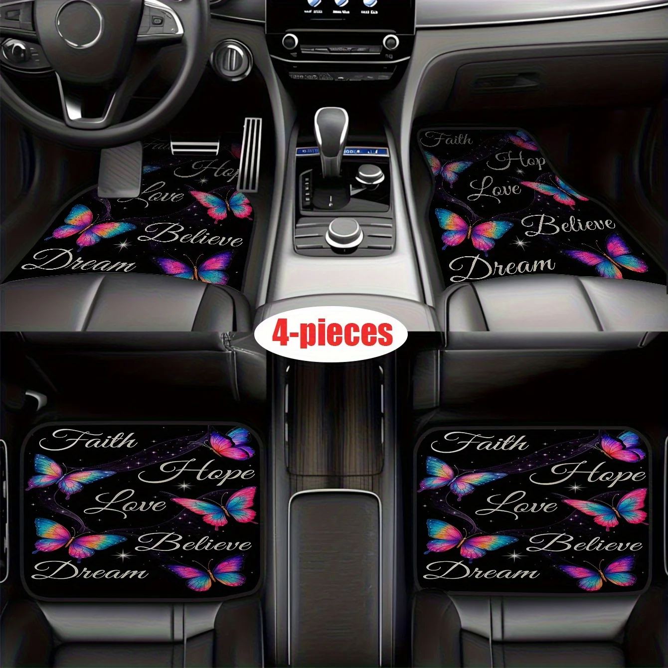 Set Of 4, Faith, Hope, Love, And Dream Car Interior Additions Mats, Easy To Clean, Suitable For Front And Rear Seats, Comfortabl