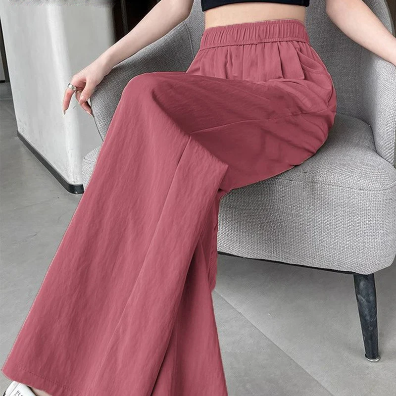 Pantalones rectos informales con bolsillos para mujer, pantalón holgado de cintura alta, elástico, Color liso, primavera y otoño, 2024