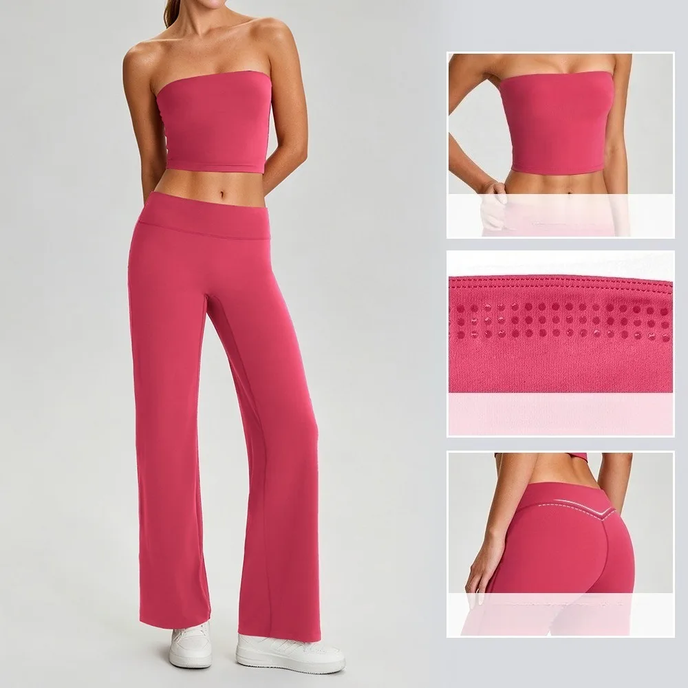 `Women Spring Summer 2‑Piece Yoga Set Non‑Slip Tube Top with Built‑in Bra Pads Naked‑Feel Loose Straight‑Leg Sports Pants for Fi