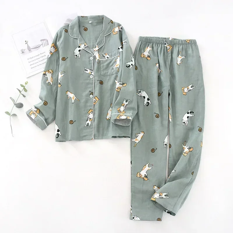 Conjunto de pijama con kimono y Hojas de arce para mujer, ropa de dormir informal de manga larga, 2024 de gasa y algodón, gran oferta, Otoño, 100%