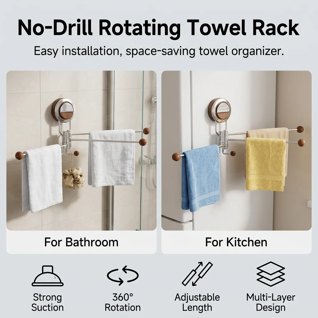 Homeowners Towel Rack Bathroom Organizer Rotating Telescopic Multi Bar No Drilling Adjustable Shower Holder Durable Modern