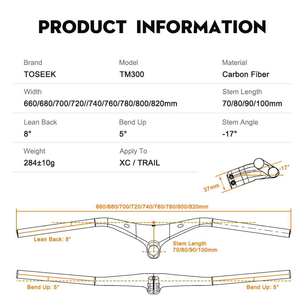 TOSEEK Carbon Integrated MTB Handlebar -17 Degree Full Inner Cable AM XC One-Piece Ultralight Bicycle Flat Bar Cycling Parts