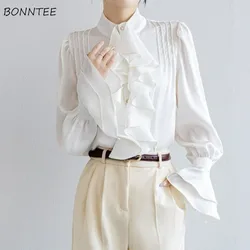 Women Shirt Ruffles Chic Long Sleeve Temperament French Style Casual Spring Elegant Office Lady Solid Classic Popular Trendy